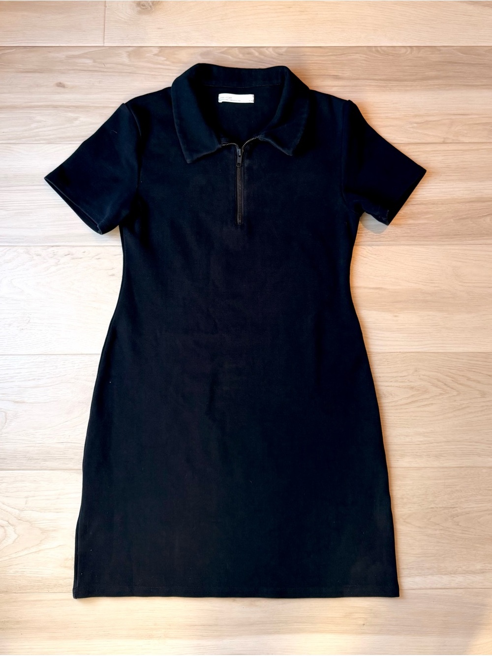 OAK + FORT Black Ribbed Half-Zip Polo Mini Dress - Sporty Minimalist